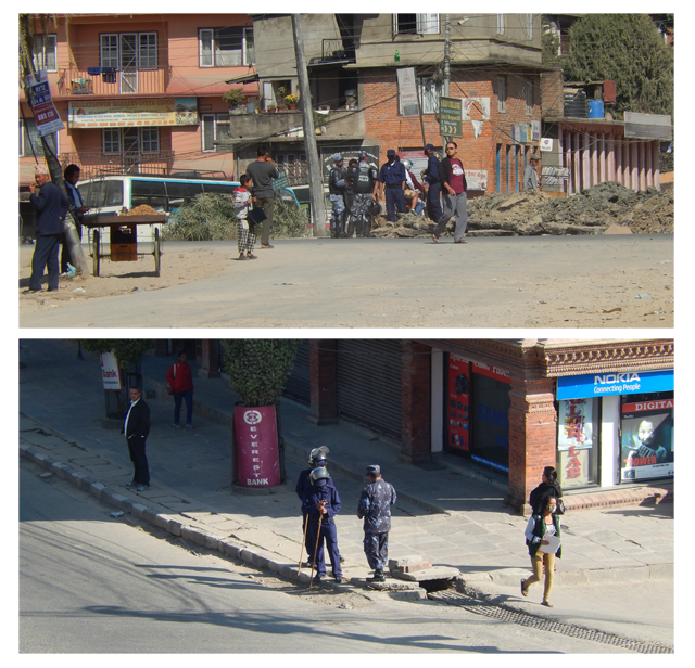 En haut : policiers postés sur la Ring Road le 11 novembre / En bas : policiers postés sur Pulchowk au niveau de Namaste Supermarket le 12 novembre (Crédits : SH)